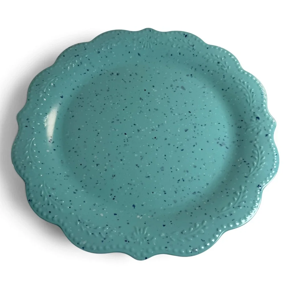 Pioneer Woman Melamine Dinner Plates Set of 2 Teal Turquoise Speckled Scalloped